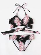 Romwe Feather Print Foldover Wrap Bikini Set