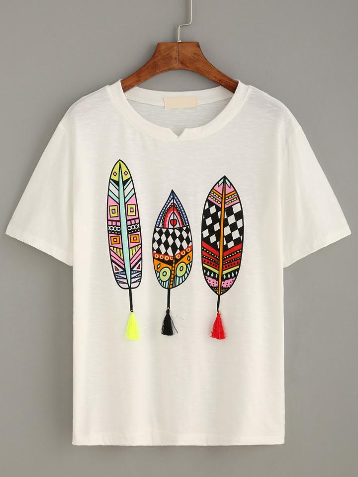 Romwe Geometric Print Fringe T-shirt