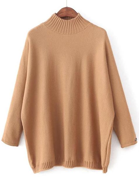 Romwe Khaki Mock Neck Patch Detail Loose Sweater