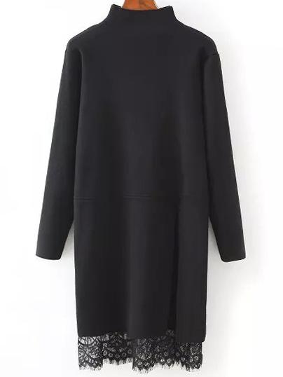 Romwe High Neck Lace Insert Slit Black Jersey Dress