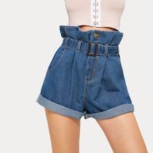Romwe Roll Up Hem Belted Denim Shorts