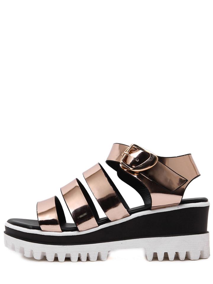 Romwe Champagne Lug Sole Metallic Casual Wedges