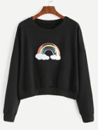 Romwe Black Drop Shoulder Rainbow Sequined Sweatshirt