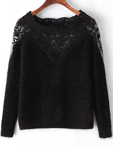 Romwe Black Long Sleeve Contrast Lace Mohair Sweater