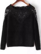 Romwe Black Long Sleeve Contrast Lace Mohair Sweater