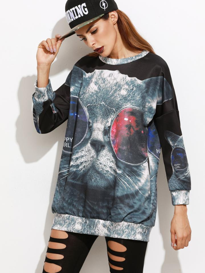 Romwe Cat Print Dropped Shoulder Seam Long Sweatshirt