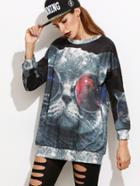Romwe Cat Print Dropped Shoulder Seam Long Sweatshirt