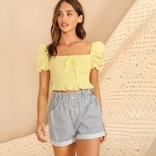 Romwe Knot Front Puff Sleeve Ruffle Detail Smocked Blouse