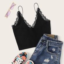 Romwe V Neck Lace Trim Crop Cami Top