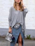 Romwe Grey Long Sleeve Loose T-shirt