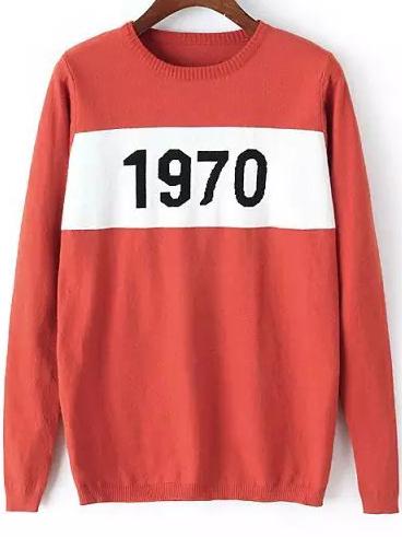 Romwe Number Print Jersey Orange Sweater