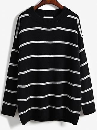 Romwe Round Neck Striped Loose Black Sweater