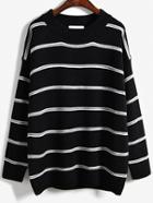 Romwe Round Neck Striped Loose Black Sweater