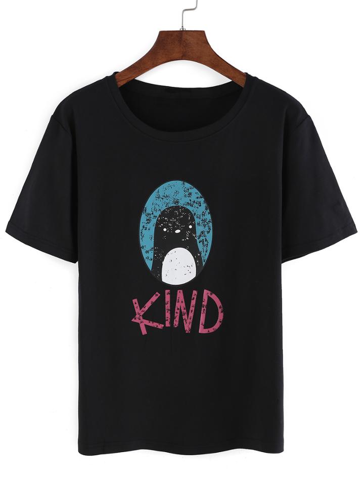 Romwe Penguin Print Black T-shirt