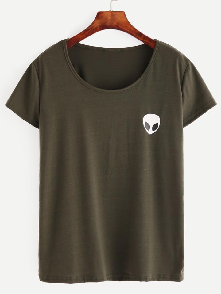 Romwe Olive Green Alien Print T-shirt
