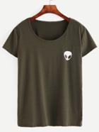 Romwe Olive Green Alien Print T-shirt