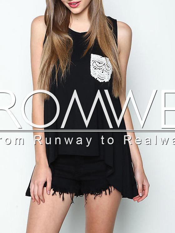 Romwe Black Sleeveless Crochet Pocket Dip Hem T-shirt
