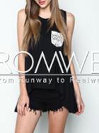 Romwe Black Sleeveless Crochet Pocket Dip Hem T-shirt