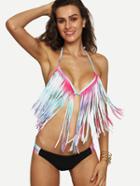 Romwe Multicolor Pastel Ombre Fringe Triangle Bikini Set