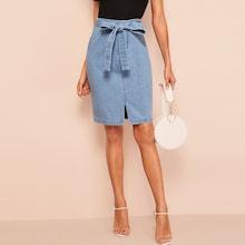 Romwe Slit Front Belted Denim Skirt