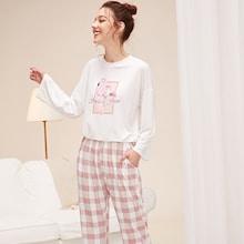 Romwe Flamingo Print Top & Plaid Pants Pj Set