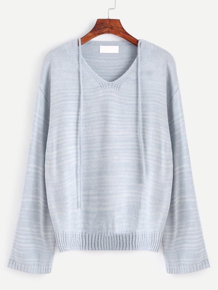 Romwe Pale Blue V Neck Drop Shoulder Self Tie Sweater