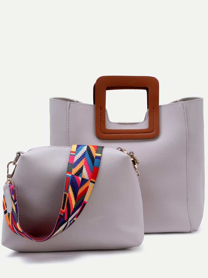 Romwe Grey Square Handle Tote Bag With Geometric Print Strap Bag