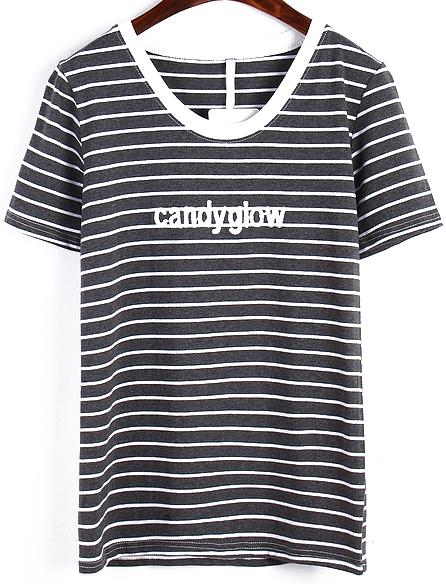 Romwe Candyglow Embroidered Striped Grey T-shirt