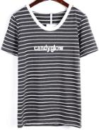 Romwe Candyglow Embroidered Striped Grey T-shirt