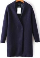 Romwe Navy Collarless Woolen Coat