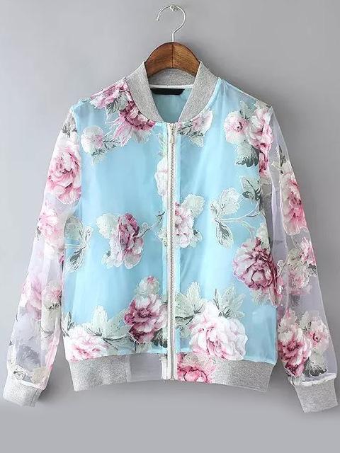Romwe Stand Collar Florals Organza Coat