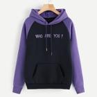 Romwe Cut And Sew Letter Embroidered Drawstring Hoodie