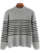 Romwe Mock Neck Striped Ribbed Sweater