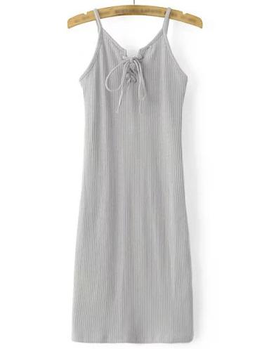 Romwe Grey Spaghetti Strap Lace Up Dress
