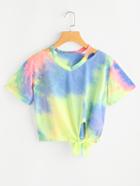 Romwe Cut Out Neck Water Color Side Knot Tee