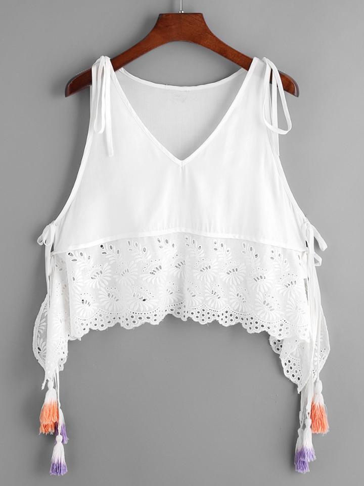 Romwe Tassel Tied Eyelet Embroidered Hanky Hem Tank Top