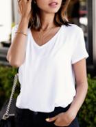 Romwe White V Neck Loose T-shirt