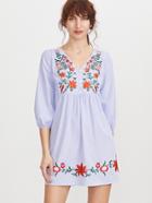 Romwe Blue Striped Button Front Lantern Sleeve Embroidered Dress