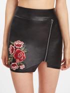 Romwe Pu Embroidered Applique Zipper Detail Asymmetric Skirt