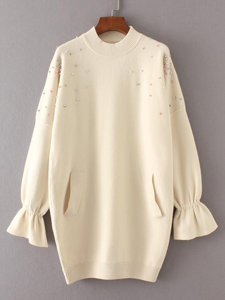 Romwe Beaded Detail Fluted Sleeve Sweater Dress