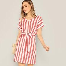 Romwe Waist Belted V-neck Stripe Dress