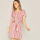 Romwe Waist Belted V-neck Stripe Dress
