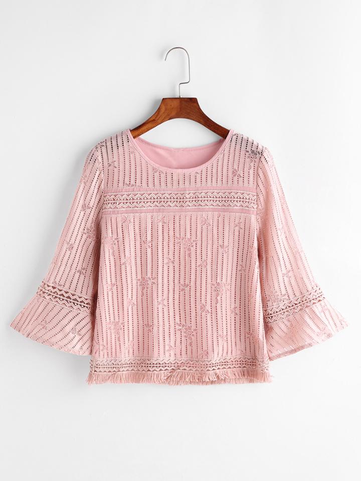 Romwe Bell Sleeve Tassle Trim Lace Top