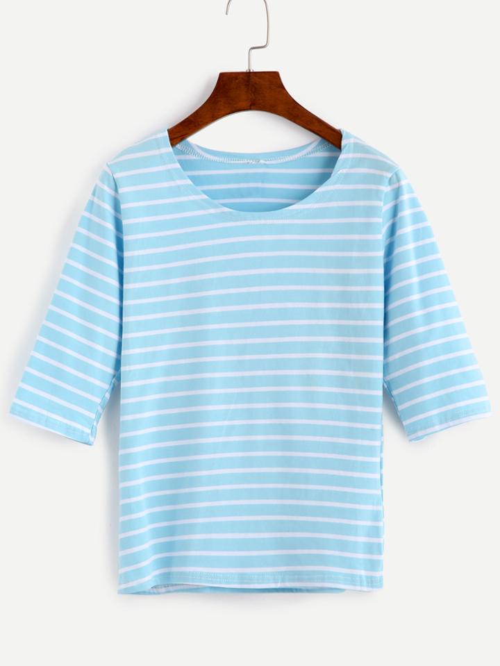 Romwe Blue Striped Elbow Sleeve T-shirt