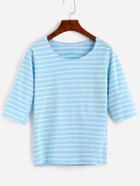 Romwe Blue Striped Elbow Sleeve T-shirt