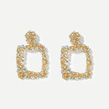Romwe Rhinestone Engraved Square Drop Earrings