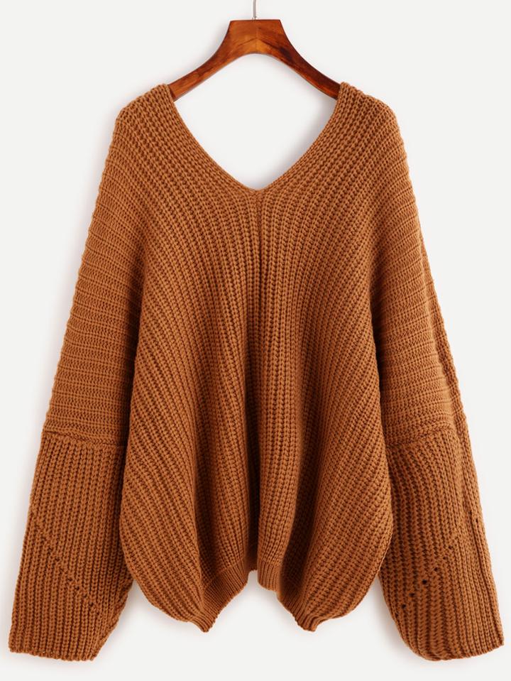 Romwe Double V Neck Drop Shoulder Loose Sweater
