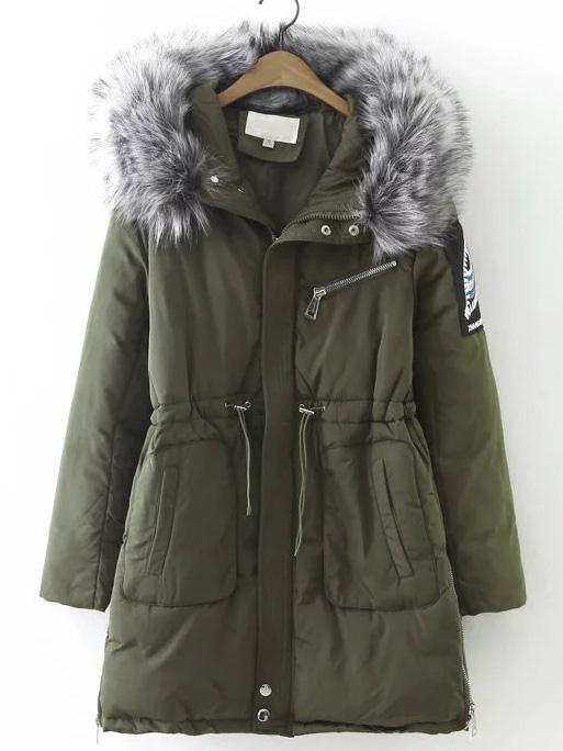 Romwe Army Green Drawstring Waist Hooded Padded Coat With Faux Fur