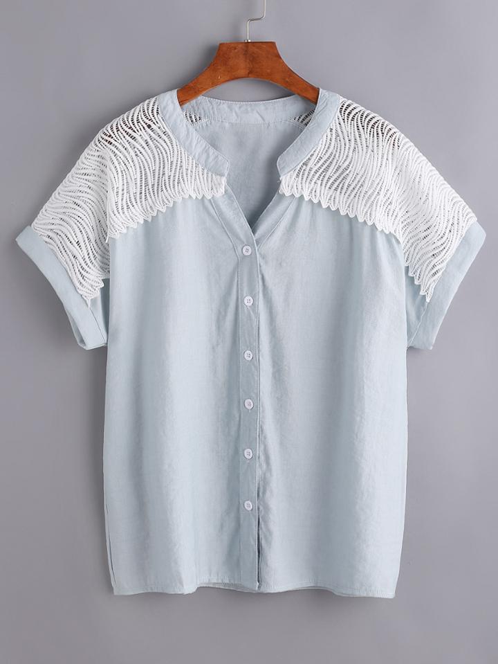 Romwe Blue Lace Insert Shirt