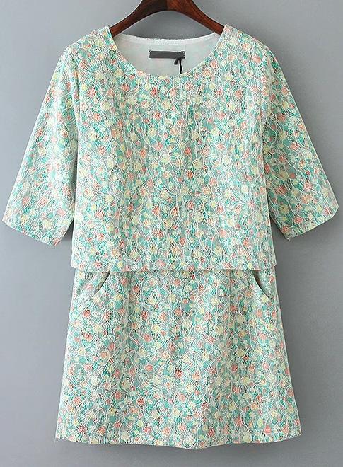 Romwe Floral Lace Crop Green Top With Pockets Skirt
